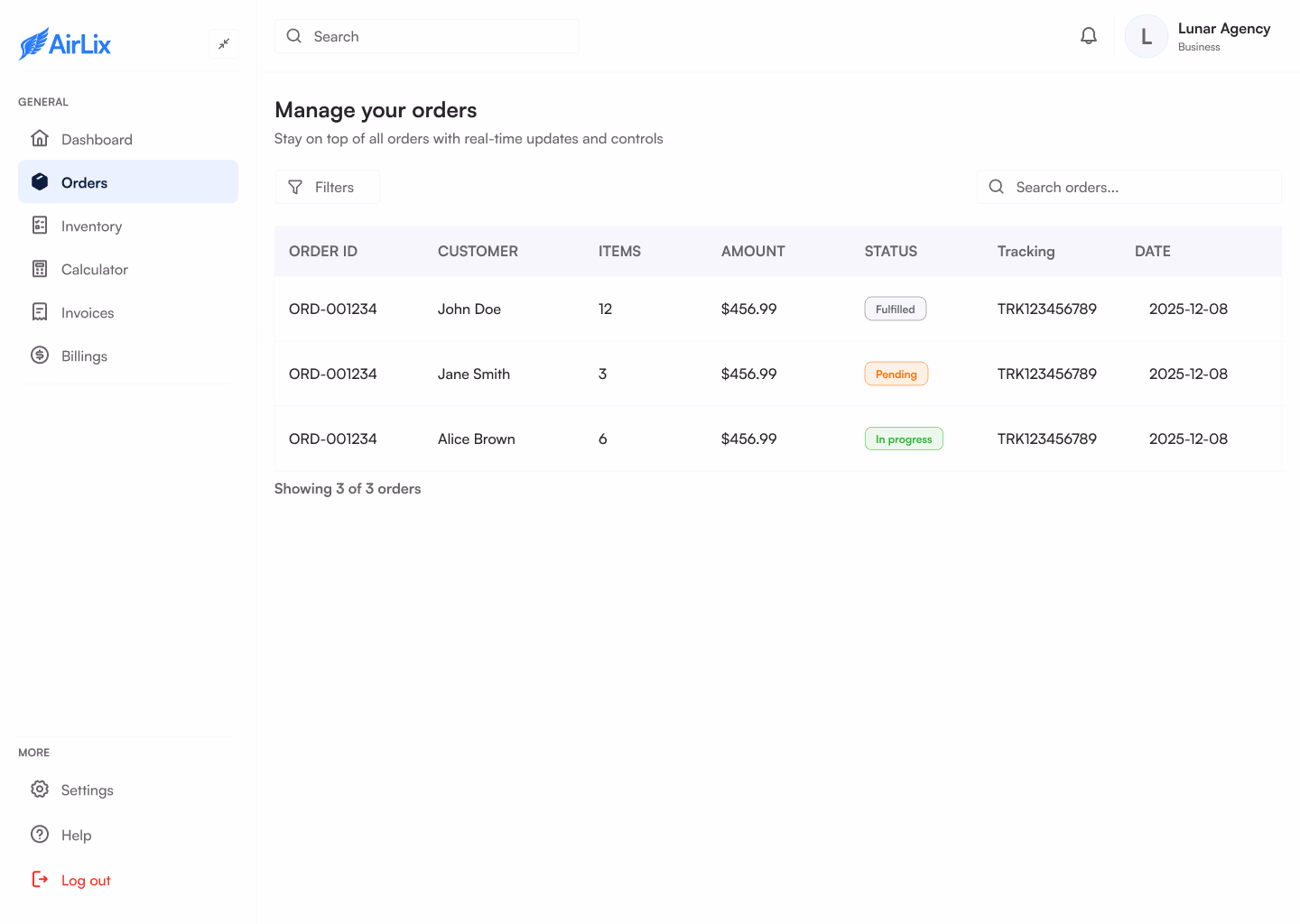 Airlix order management dashboard